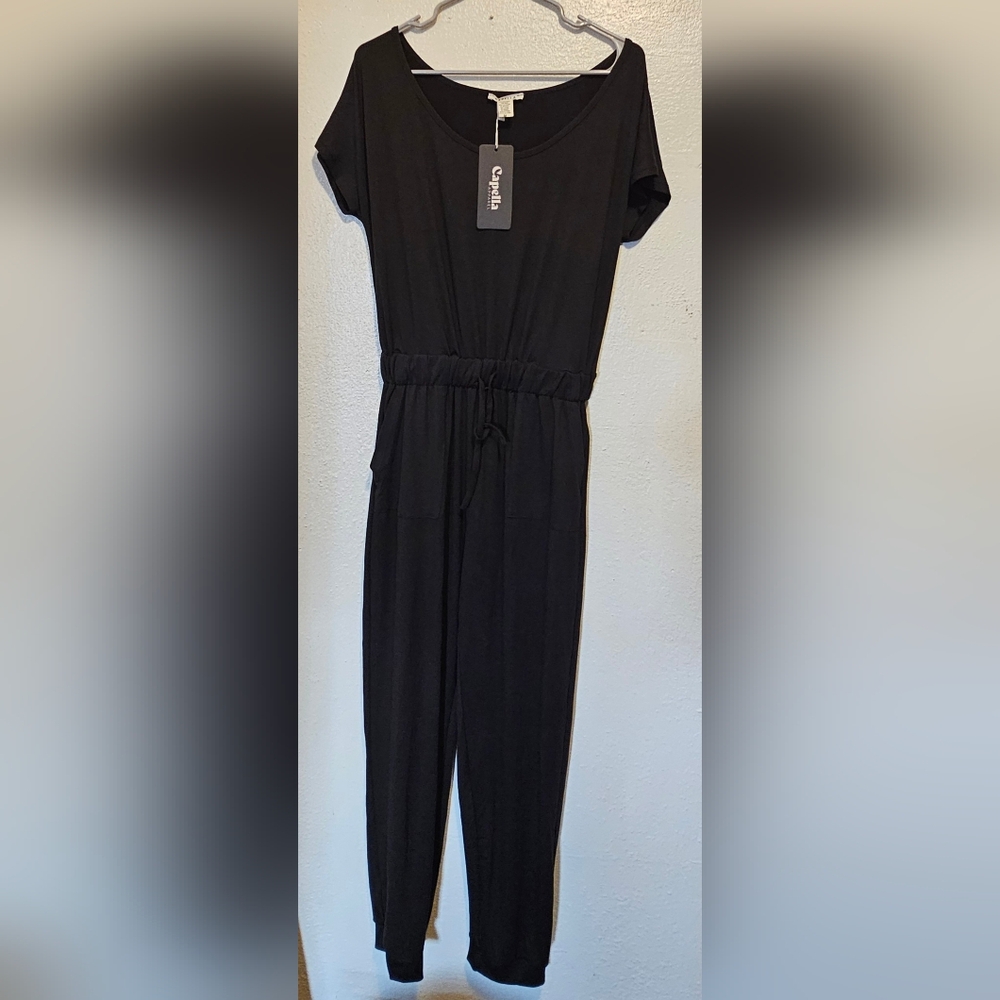 Capella Women's Black Short-Sleeve Drawstring Waist Jumpsuit